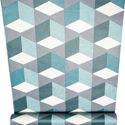 Sophie Laurence Blue/Grey/White Geometric Wallpaper Teal Textured Thick Vinyl Feature 10M