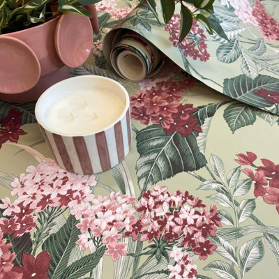 Sophie Laurence Pink/Green Sage Floral Wallpaper Maroon Flowers Smooth Finish Feature Wall Study 10M X 0.53M Medium