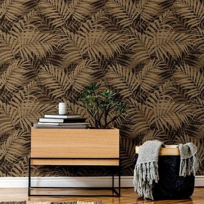 Sophie Laurence Gold Chocolate Leaf Wallpaper Metallic Textured Tropical Floral Feature Hallway Roll 10M