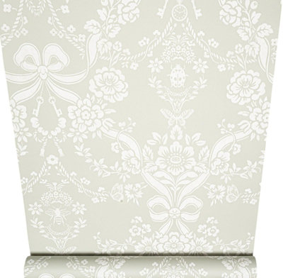 Sophie Laurence Sage Green Floral Wallpaper Damask Butterfly Bows Feature Wall Bedroom Lounge from B&Q