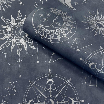 Sophie Laurence Blue Silver Space Wallpaper Metallic Moon Sun Feature Wall Lounge Bedroom Study from B&Q