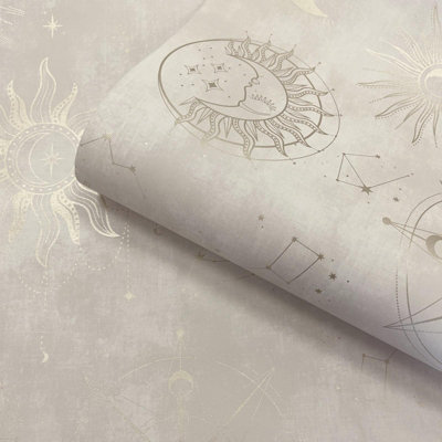 Sophie Laurence Cream Gold Space Wallpaper Metallic Moon Sun Feature Wall Lounge Bedroom Study from B&Q