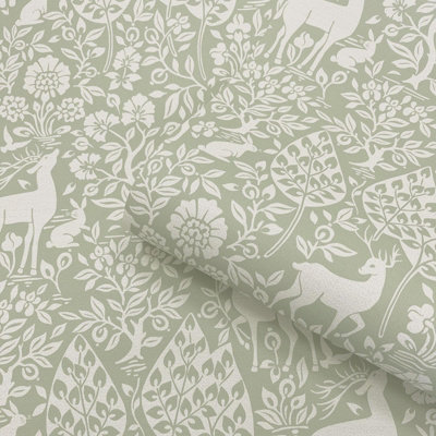 Sophie Laurence Sage Green Floral Wallpaper Deer Rabbits Leaves Slightly Textured Feature Wall from B&Q