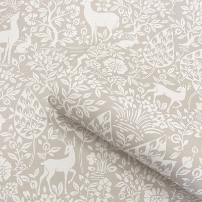 Sophie Laurence Taupe Floral Wallpaper Deer Rabbits Leaves Slightly Textured Feature Wall Lounge from B&Q