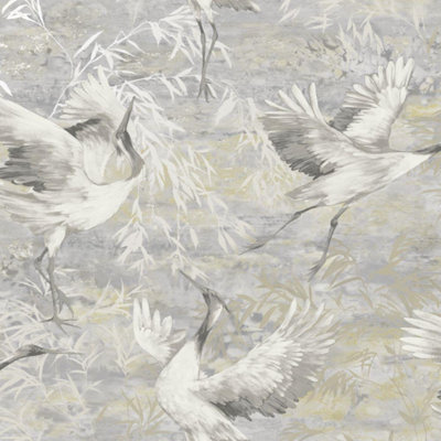 Sophie Laurence Grey Cranes Wallpaper Textured Metallic Shimmer Vinyl Heavy Weight Feature Wall from B&Q