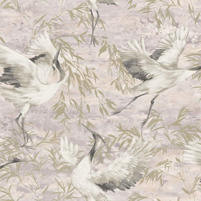 Sophie Laurence Pink Cranes Wallpaper Textured Gold Metallic Shimmer Vinyl Heavy Weight Feature from B&Q