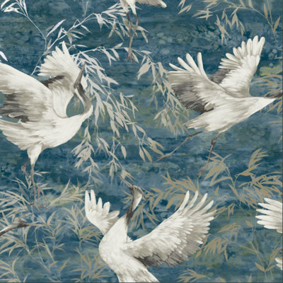 Sophie Laurence Teal Blue Cranes Wallpaper For Living Room Textured Gold Metallic Shimmer Vinyl Heavy Weight from B&Q