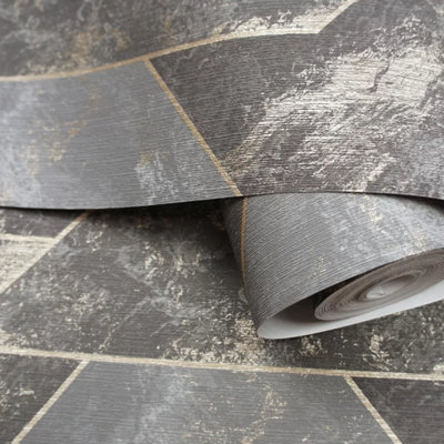 Sophie Laurence Charcoal Gold Marble Wallpaper Metallic Geometric Pattern Feature Dining Room