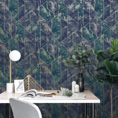 Sophie Laurence Navy Gold Marble Wallpaper Metallic Geometric Pattern Feature Wall Living Room