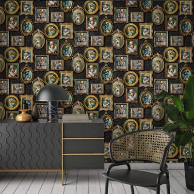 Sophie Laurence Charcoal Regal Beasts Floral Leaf Victorian Animal Portraits Wallpaper from B&Q