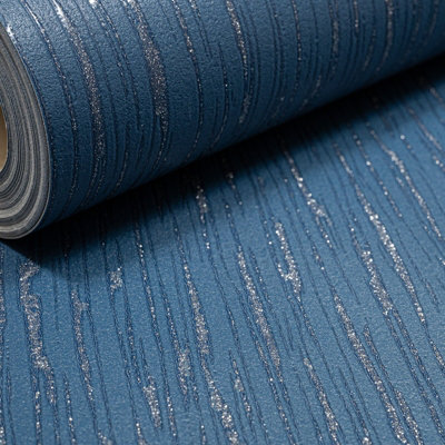Sophie Laurence Blue/Silver Glitter Stripe Textured Thick Wallpaper Feature Wall 0.53M