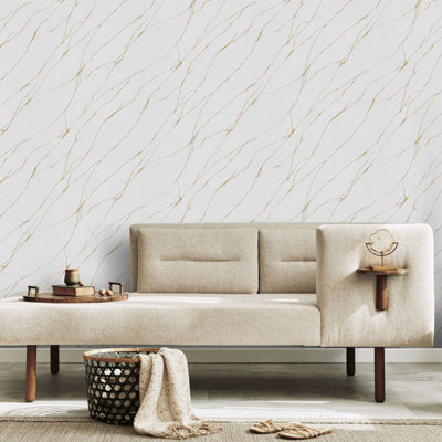 Sophie Laurence Pale Grey Metallic Gold Cracked Lines Wallpaper Textured Vinyl Feature Wall from B&Q