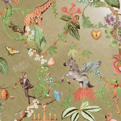 Sophie Laurence Gold Animal Safari Wallpaper Floral Zebra's Bee's Butterflies Feature Nursery from B&Q