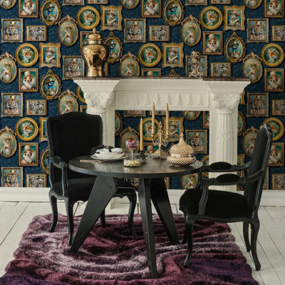 Sophie Laurence Navy Blue Animal Wallpaper Floral Leaf Victorian Portraits Cats Birds Feature from B&Q