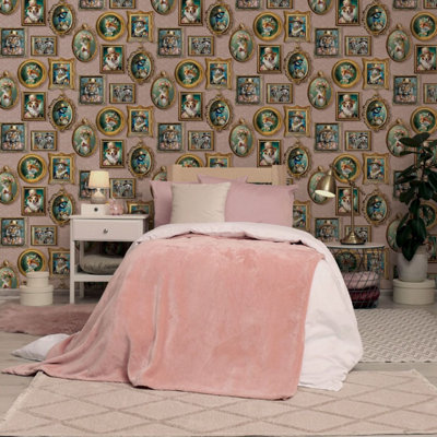 Sophie Laurence Pink Animal Wallpaper Floral Leaf Victorian Portraits Cats Birds Feature Wall from B&Q