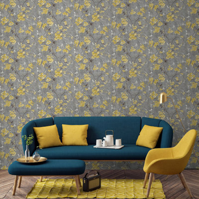 Sophie Laurence Charcoal Ochre Floral Blossom Wallpaper Gold Metallic Shimmer Textured Feature Wall from B&Q