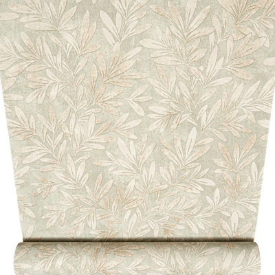 Sophie Laurence Sage Willow Trail Wallpaper Gold Metallic Leaf Shimmer Textured Feature Wall from B&Q