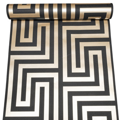 Sophie Laurence Black Gold Link Wallpaper Geometric Greek Key Pattern Metallic Shimmer Textured Feature Wall from B&Q