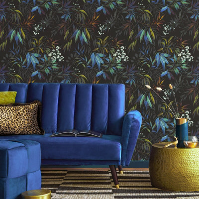 Sophie Laurence Blue Willow Leaf Wallpaper Botanical Black Teal Feature Wall Lounge Bedroom from B&Q