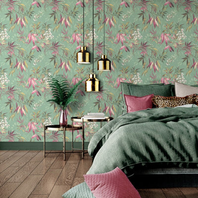Sophie Laurence Sage Pink Leaf Wallpaper Green Botanical Smooth Flat Finish Feature Wall from B&Q