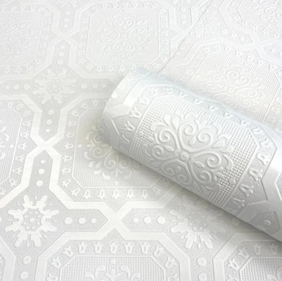 Sophie Laurence White Paintable Embossed Wallpaper Floral Motifs Glossy Finish Hallway Lounge from B&Q