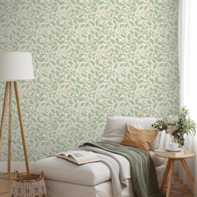 Sophie Laurence Green Sage Acorn Trail Wallpaper Feature Wall 0.53M