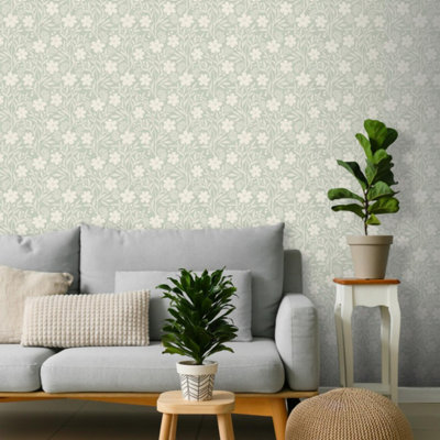 Sophie Laurence Sage Berry Floral Wallpaper Slightly Textured Feature Wall from B&Q