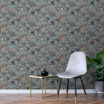 Sophie Laurence Blue Grey Tones Animal Safari Wallpaper Monkeys Leaf Zebra Giraffe Feature Wall from B&Q