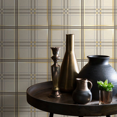 Sophie Laurence Cream Gold Tartan Check Wallpaper Metallic Shimmer Smooth Finish Feature Wall from B&Q