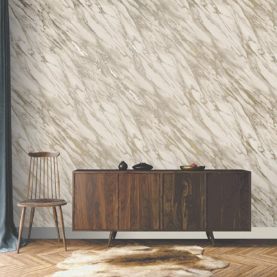 Sophie Laurence Natural Realistic Marble Effect Wallpaper Gold Shimmer Smooth Finish Feature Wall from B&Q