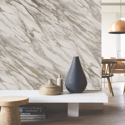 Sophie Laurence Grey Realistic Marble Effect Wallpaper Metallic Shimmer Smooth Finish Feature Wall from B&Q
