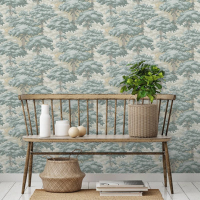 Sophie Laurence Green Forest Tree Wallpaper Textured Heavy Weight Vinyl Paste The Wall Feature from B&Q