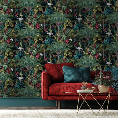 B&Q -  Black Jungle Paradise Wallpaper Exotic Birds Vibrant Greenery Wildflowers Feature Wall