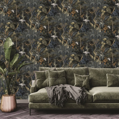 Sophie Laurence Navy Tropical Jungle Paradise Wallpaper Exotic Birds & Plants Feature Wall from B&Q