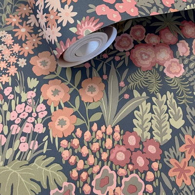 Sophie Laurence Navy Floral Wallpaper Everbloom Multi Foliage Feature Wall from B&Q