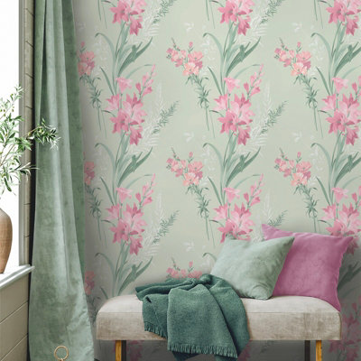 Sophie Laurence Sage Pink Floral Wallpaper Botanical Foliage Feature Wall Smooth Finish from B&Q