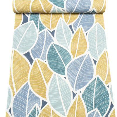 Sophie Laurence Blue Mustard Tropical Leaf Wallpaper Teal Floral Textured Heavy Weight Vinyl Feature Wall Paste The Wall from B&Q