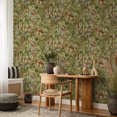 Sophie Laurence Rust Green Tropical Leaves Lemur Wallpaper Animals Foliage Jungle Textured Feature Wall from B&Q