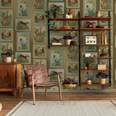 Sophie Laurence Gold Tropical Frames Wallpaper Exotic Wildlife Metallic Tigers Monkeys Giraffes Feature Wall from B&Q