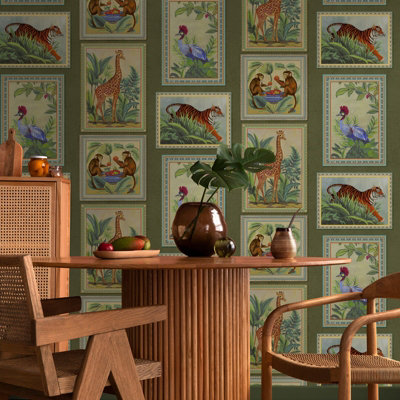 Sophie Laurence Green Tropical Frames Wallpaper Floral Exotic Wildlife Tigers Monkeys Giraffes Feature Wall from B&Q