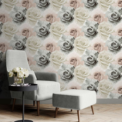 Blush Rose Floral Wallpaper Green Cream Metallic Shimmer Feature Wall Luxury 5061103678669 - Image 3