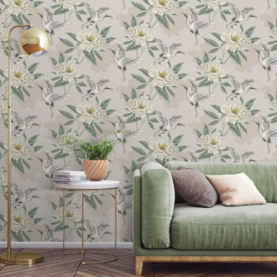 Sophie Laurence Neutral Flying Cranes Wallpaper Geometric Metallic Shimmer Cream Peonies Smooth Finish Feature Wall from B&Q