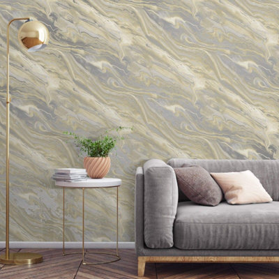 Sophie Laurence Neutral Grey Marble Effect Wallpaper Shimmer Smooth Finish Feature Wall from B&Q