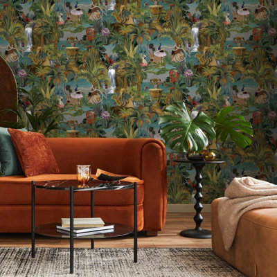 Sophie Laurence Multicoloured Animal Beach Party Wallpaper Quirky Textured Tigers Snakes Metallic Shimmer Feature Wall from B&Q