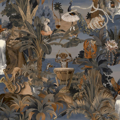 Sophie Laurence Navy Animal Beach Party Wallpaper Tropical Frogs Tigers Snakes Metallic Shimmer Slightly Textured Feature Wall from B&Q