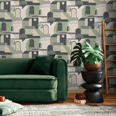 Sophie Laurence Green Mediterranean Style Wallpaper Quirky Feature Wall from B&Q