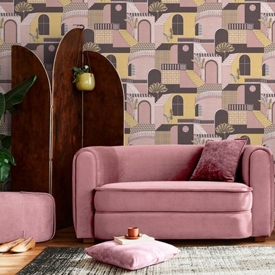 Sophie Laurence Pink Yellow Mediterranean Style Wallpaper Quirky Feature Wall from B&Q