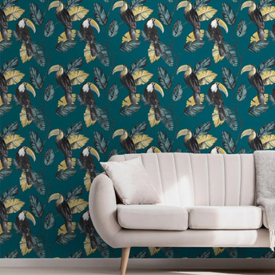 Sophie Laurence Teal Tropical Birds Wallpaper Toucans Large Leaf Smooth Finish Paste The Wall Feature Wall from B&Q