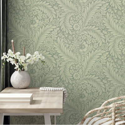 Sophie Laurence Green Tropical Leaf Wallpaper Floral Feature Wall from B&Q