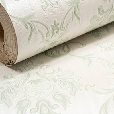 Sophie Laurence Green Floral Damask Wallpaper Textured Shimmer Feature Wall from B&Q